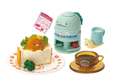 Sumikkogurashi Café Lunch Menu miniature set with a character-themed sandwich, Tokage water dispenser, blue mug, and brown coffee cup.