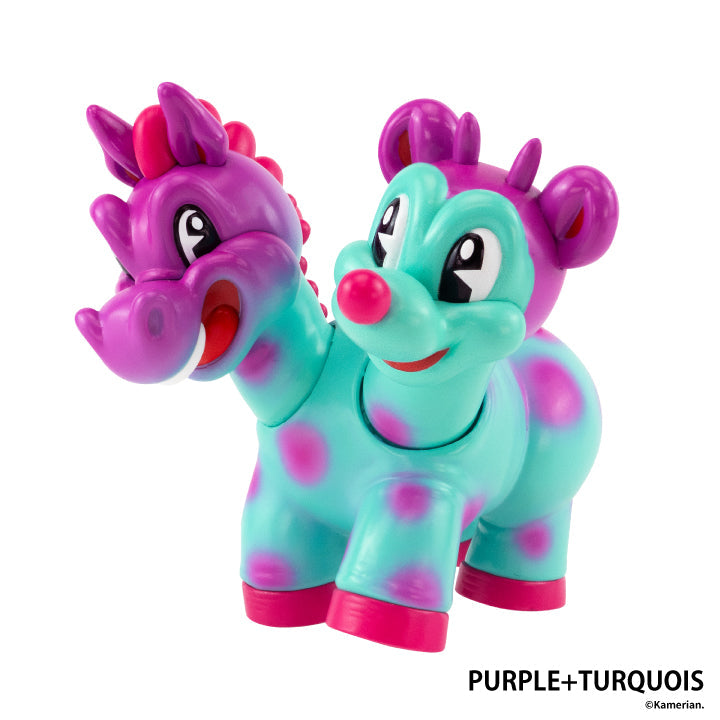 Purple and Turquoise UMASHIKA two-headed figure on a white background