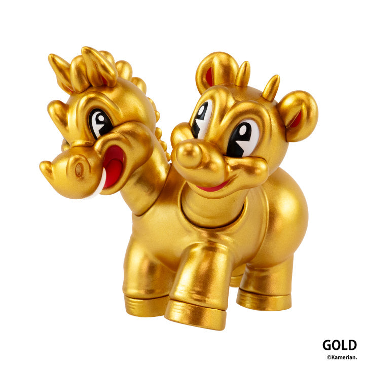 Metallic Gold UMASHIKA two-headed figure on a white background