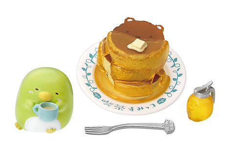 Sumikkogurashi Café Sweet Temptation miniature set with stacked pancakes topped with butter, Penguin? holding a cup, syrup pitcher, and fork.