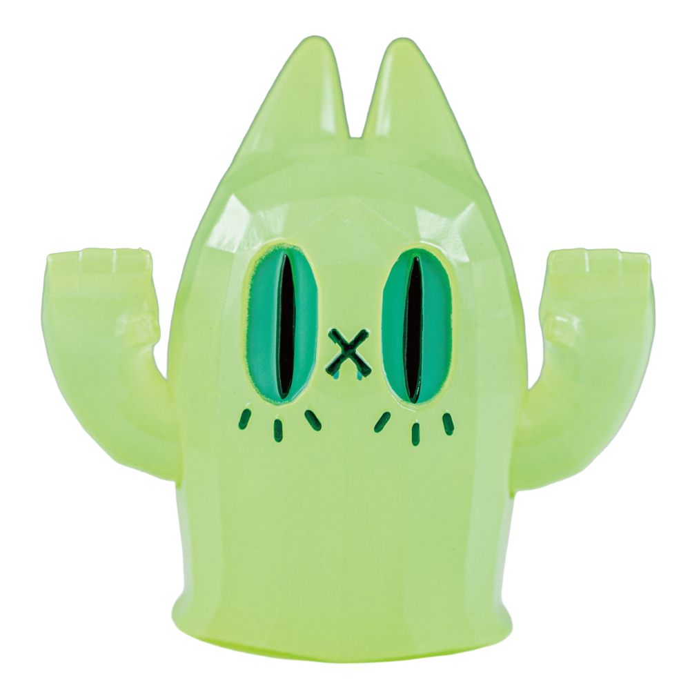 A translucent lime green cat figure with a cartoon face, raised fists, and a small black 'X' mouth, shown on a plain white background.