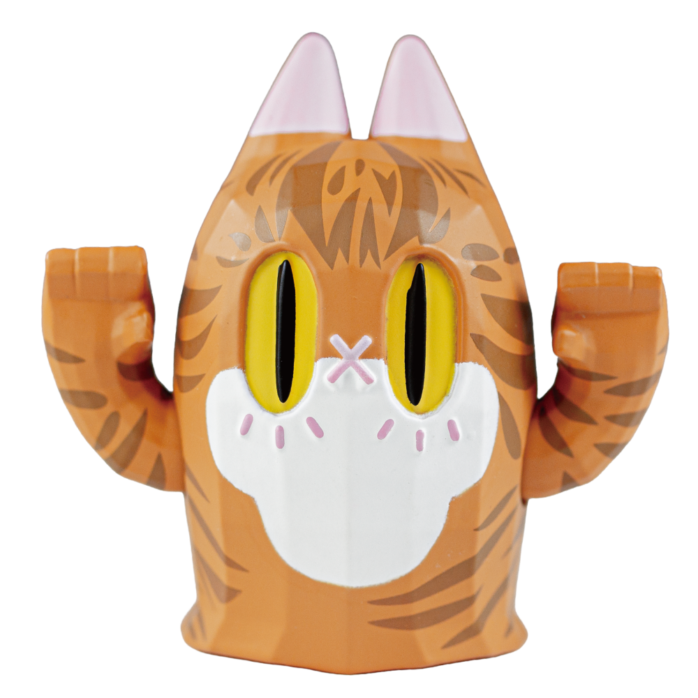 A stylized orange tabby cat figurine with raised paws, large yellow eyes, a white muzzle, and pink inner ears, shown on a plain white background.