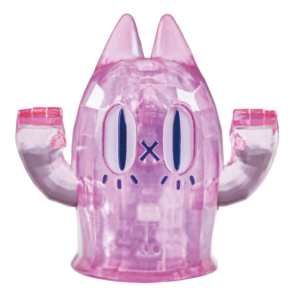 A translucent pink cat figurine with a cartoon face, featuring raised arms and a stylized X on its forehead, isolated on a white background.