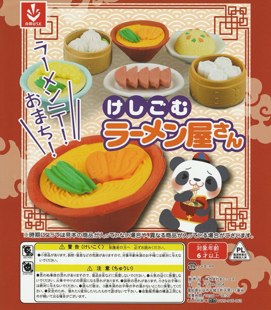 Miniature ramen shop gachapon erasers featuring tiny bowls, toppings, and noodles