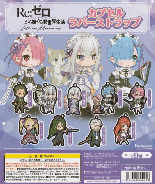 Re:ZERO gachapon rubber strap keychains featuring Subaru, Emilia, Rem, and Ram