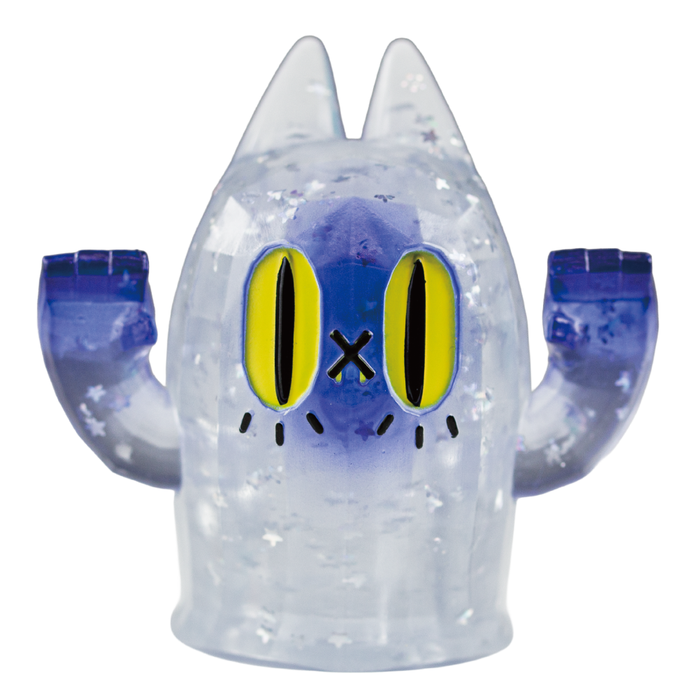 A translucent blue and purple cat-shaped collectible figure with large yellow eyes, black whiskers, and raised translucent arms, isolated on a white background.