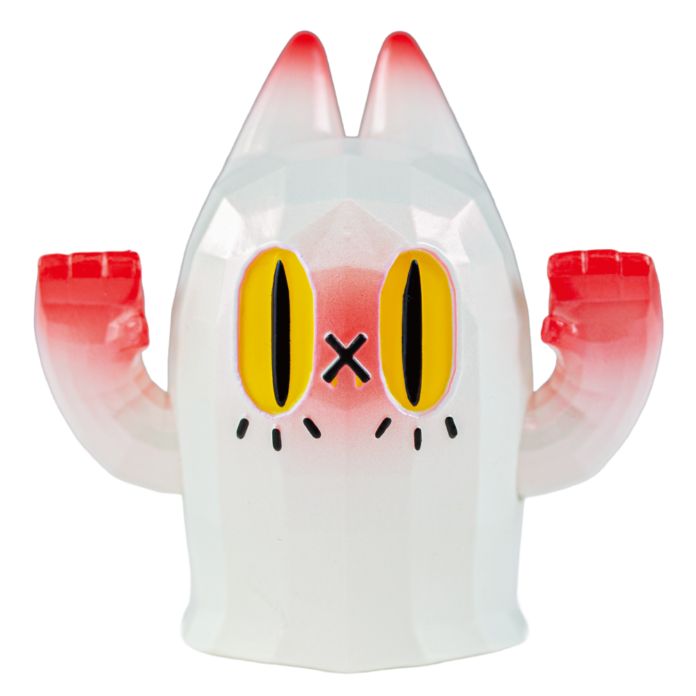 A stylized white cat-shaped figurine or cup with translucent red-pink arms and ears, large yellow eyes with black slit details, and a small black X on the forehead, shown on a plain white background.