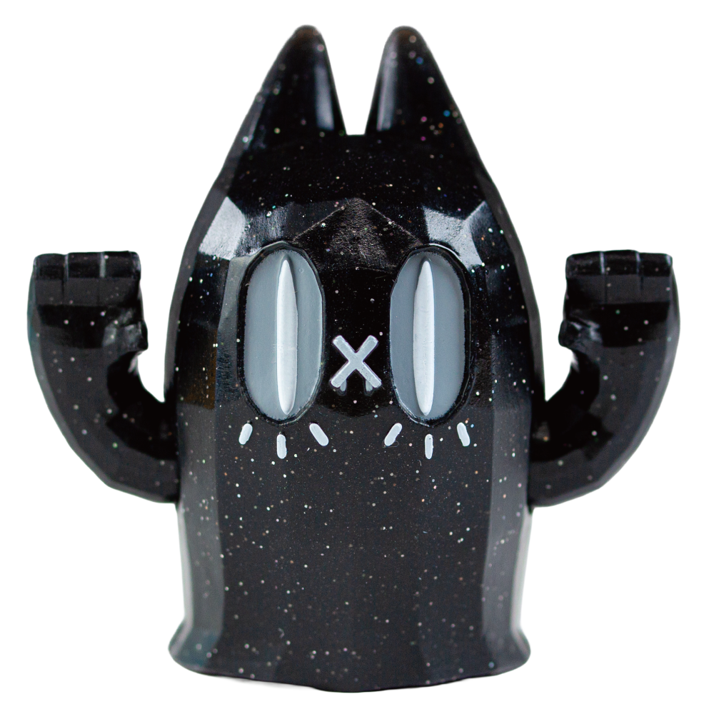 A black glittery cat-shaped candle holder with raised paws, featuring white eyes, a white X on the nose, and white whisker details, isolated on a white background.