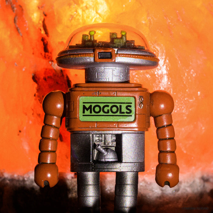 Close-up of the Stay Planet robot figure against an orange background